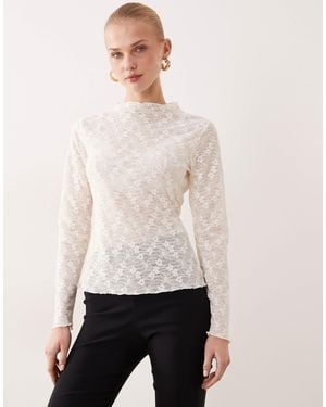 Vila Long Sleeve Sheer Lace Top - Natural