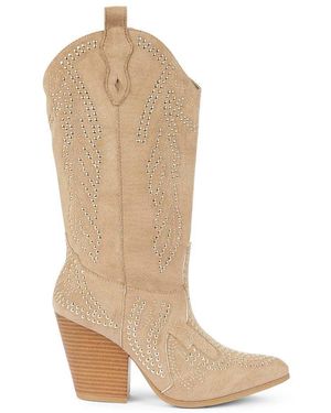 SEQWL Western Cowboy Boots With Studded Detailing And Pointed Toe - Natural
