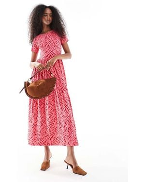Wednesday's Girl Vestido Semilargo Rosa Y Rojo Con Estampado De Lunares Estilo Manchas De