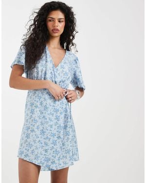 Vero Moda Flutter Sleeve Wrap Front Mini Dress - Blue