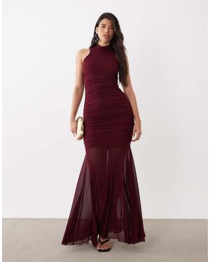 Ruched & Ready Vestido Largo Moldeador De Corte Sirena Sin Mangas Con Cuello Alto Y Bajo Transparente De Malla De -Rojo