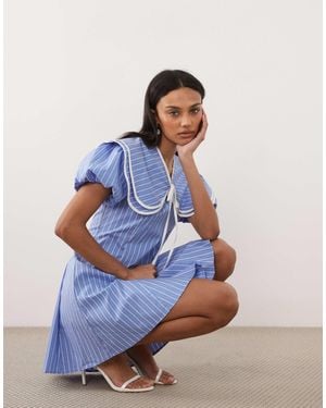 Sister Jane Cotton-look Oversized Collar Puff Sleeve Mini Dress - Blue