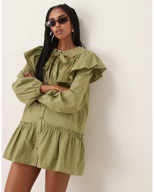 Neon Rose Vestito Grembiule Color Oliva Con Colletto E Volant - Verde