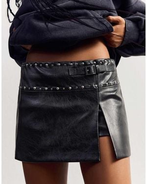 Bershka Leather Effect Mini Skirt - Grey