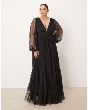 Lace & Beads Plus Bridesmaid Madison Long Sleeve Maxi Dress - Black