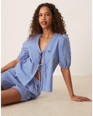 Vila Short Sleeve Tie Front Gingham Check Poplin Top Co-ord - Blue
