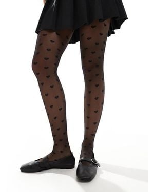 New Look Medias Negras Con Estampado De Corazones De - Negro