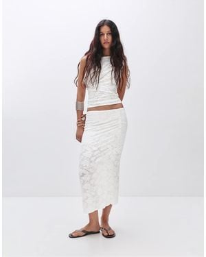 Pull&Bear Textured Midi Skirt - White