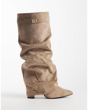 SEQWL Ranger Faux Suede Fold Over Knee Boots - Natural