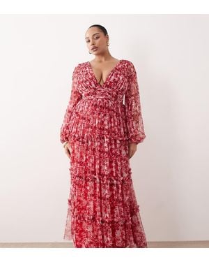 Lace & Beads Plus Long Sleeve Detail Tiered Tulle Maxi Dress
