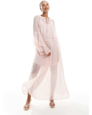 Vero Moda Boho Frill Sleeve Tie Waist Maxi Dress - Pink