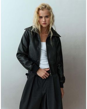 Pull&Bear Leather-Effect Ribbed Jacket - Grey