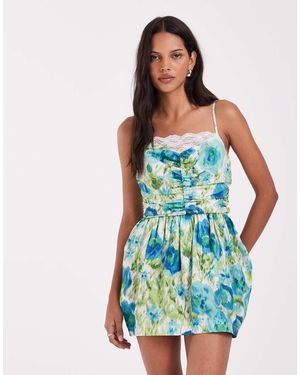 ASOS Mini Jurk Met Ruches En Kant Met Bloemenprint - Blauw