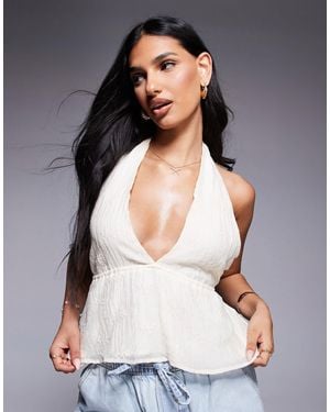 Princess Polly Sosna Embroidered Plunge Peplum Open Tie Back Top - Gray