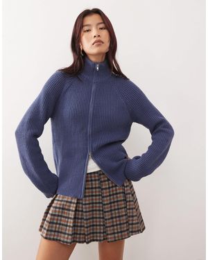 Monki Ribbed Knitted Two Way Zip Cardigan - Blue