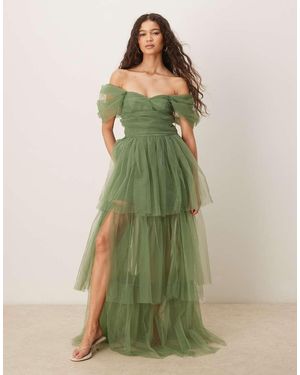LACE & BEADS Off Shoulder High Low Tulle Maxi Dress - Green