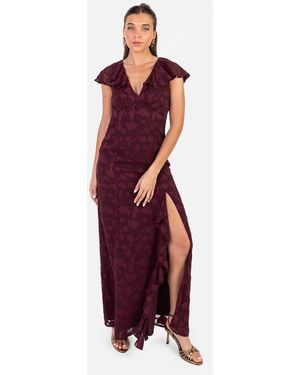 ANAYA Floral Burnout Cape Sleeve Ruffle Maxi Dress - Red