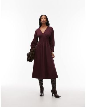ARKET V-Neck Cinched Waist Midaxi Dress With Volume Sleeves - Red
