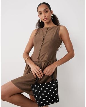 Brave Soul Slash Neck Button Down Dropped Waist Mini Dress - Brown