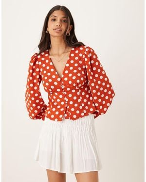Glamorous V-Neck Top With Puff Long Sleeves - Red