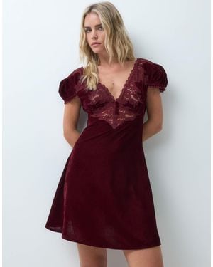 ASOS Asos Design Petite Velvet Mini Tea Dress With Lace Trims - Red