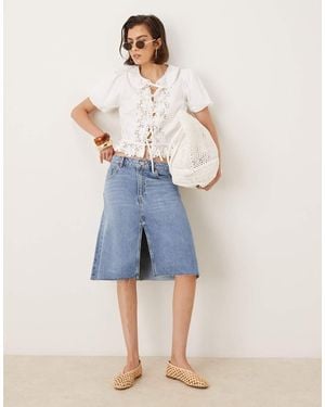 Mango Split Front Knee Length Denim Skirt - Blue