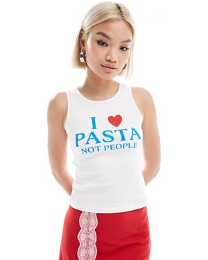 Daisy Street Rib Racer Singlet With Pasta Graphic - White