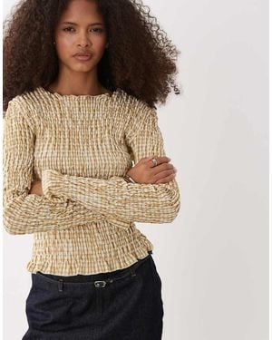 Daisy Street Check Long Sleeve Shirred Top - Natural
