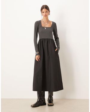 Threadbare Long Sleeve Square Neck Midi Dress With Contrast Black Poplin Skirt - Multicolor