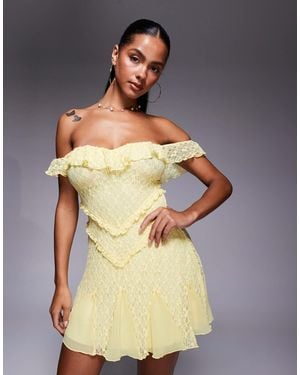 Oh Polly Nahida Off The Shoulder Lace Mini Dress - Gray
