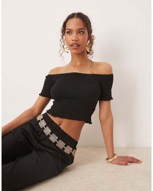 Glamorous Shirred Bardot Crop Top - Black