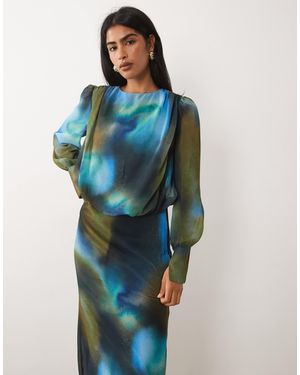 DASKA Chiffon Drape Detail Blouson Waist Maxi Dress - Blue
