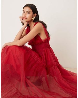 Sister Jane Rouge Deep V Neck Tulle Midi Dress - Red