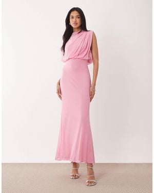 ASOS Mesh Asymmetric Cap Sleeve Blouson Bodice Midi Dress - Pink