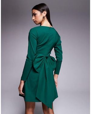 TFNC London Bengaline Long Sleeve A-Line Bow Back Mini Dress - Green