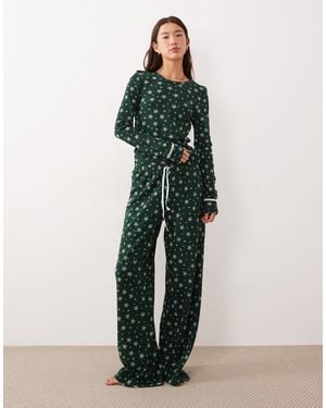 ASOS Long Sleeve & Wide Leg Trouser Waffle Pyjama Gifting Set - Green