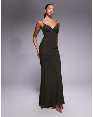 Wanderdoll Leah Triple Layered Sculpting Mesh Lace Cup Detail Cami Fishtail Maxi Dress - Gray