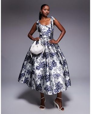 ASOS Jacquard Midi Dress With Full Skirt - Blue
