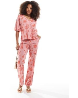 Object Wijde Broek Met Hoge Taille En Print - Rood