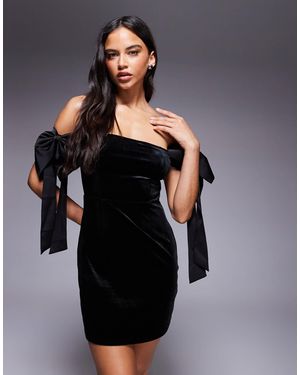Kaiia Exclusive Velvet Off Shoulder Oversized Bow Detail Mini Dress - Black