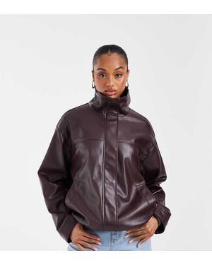 ASOS Asos Design Tall Clean Leather Look Funnel Track Bomber Jacket - Brown