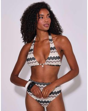 South Beach Crochet Bead Embellished And High Waist Briefs Bikini Set - Brown