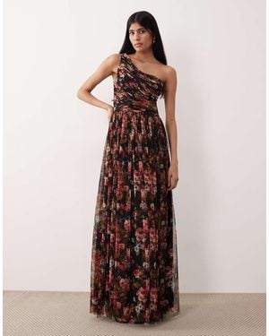LACE & BEADS Tulle One Shoulder Maxi Dress - Brown