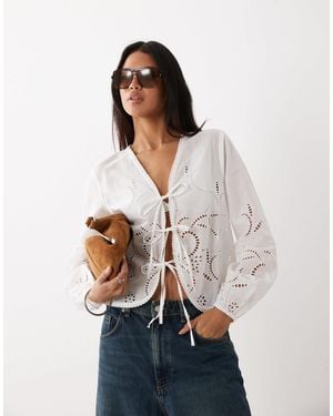Jdy Tie Front Crochet Detail Top With Lace Trim - White