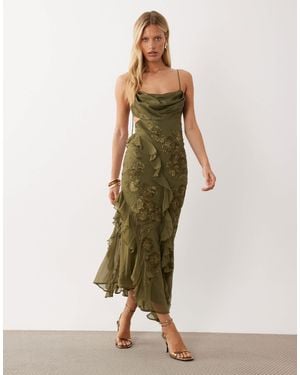 ASOS Embroidered & Beaded Cami Maxi Dress With Asymmetric Ruffle - Green