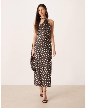 Pretty Lavish Satin One Shoulder Scarf Neck Polka Dot Midaxi Dress - Natural