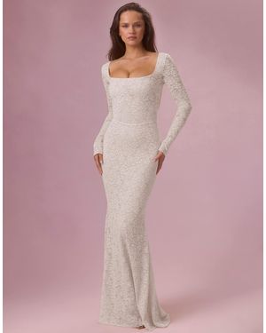 Oh Polly Premium Stretch Lace Square Neck Open Tie Back Maxi Dress - Pink
