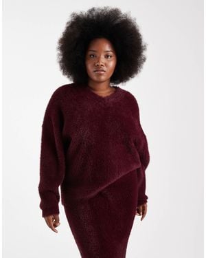 Renee Studio Plus Exclusive Fluffy Knit V Neck Sweater Co-Ord - Red