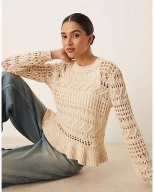 Y.A.S Open Crochet Knit Sweater With Frill Hem Detail - Natural