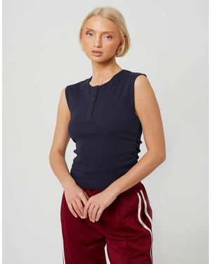 Brave Soul Sleeveless Button Neck Top With Ruched Detail - Blue